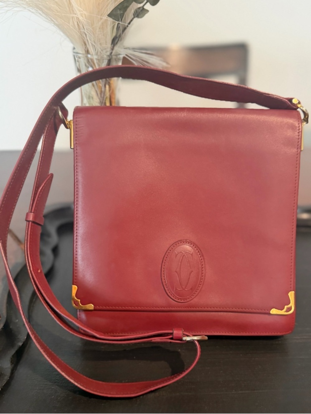 Cartier Leather Shoulder Bag with Gold Corners